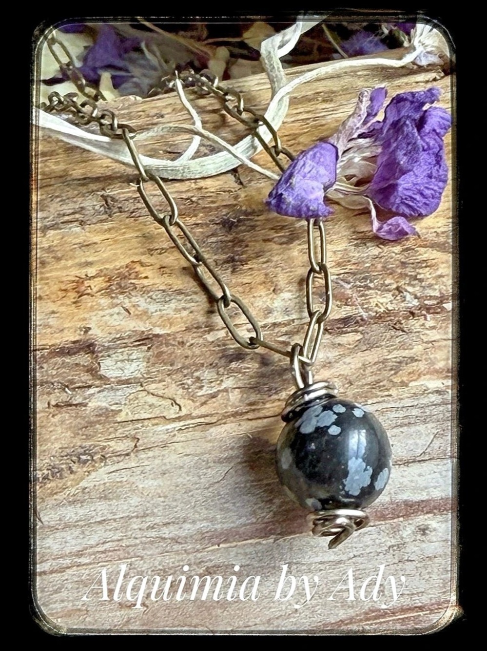 Snowflake Obsidian Round Pendant — Rustic Wire Boho Necklace